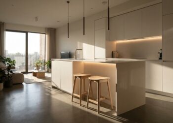 Bancada península multifuncional com banquetas de madeira embutidas integrando cozinha compacta e sala de estar em apartamento pequeno
