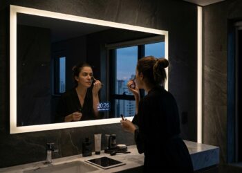 Espelho moderno com LED embutido perimetral instalado em banheiro contemporâneo, iluminando o rosto sem sombras.