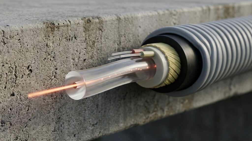 Representação ampliada mostra pulsos de laser percorrendo uma fibra óptica instalada na estrutura de uma ponte.