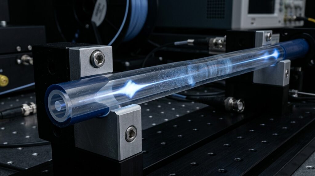 Representação ampliada mostra pulso de laser e retroespalhamento da luz dentro de uma fibra óptica submetida a pequenas deformações.