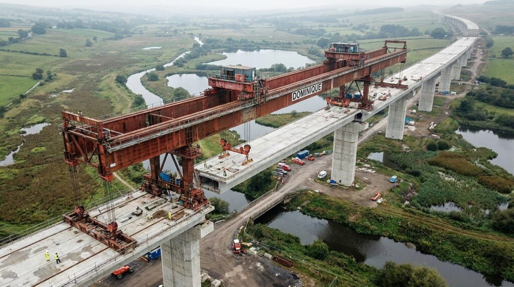 Treliça lançadeira de 700 toneladas monta viaduto sobre os lagos de Colne Valley.