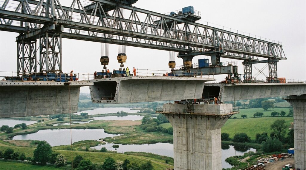 Megamáquina iça segmento de concreto durante construção do viaduto.