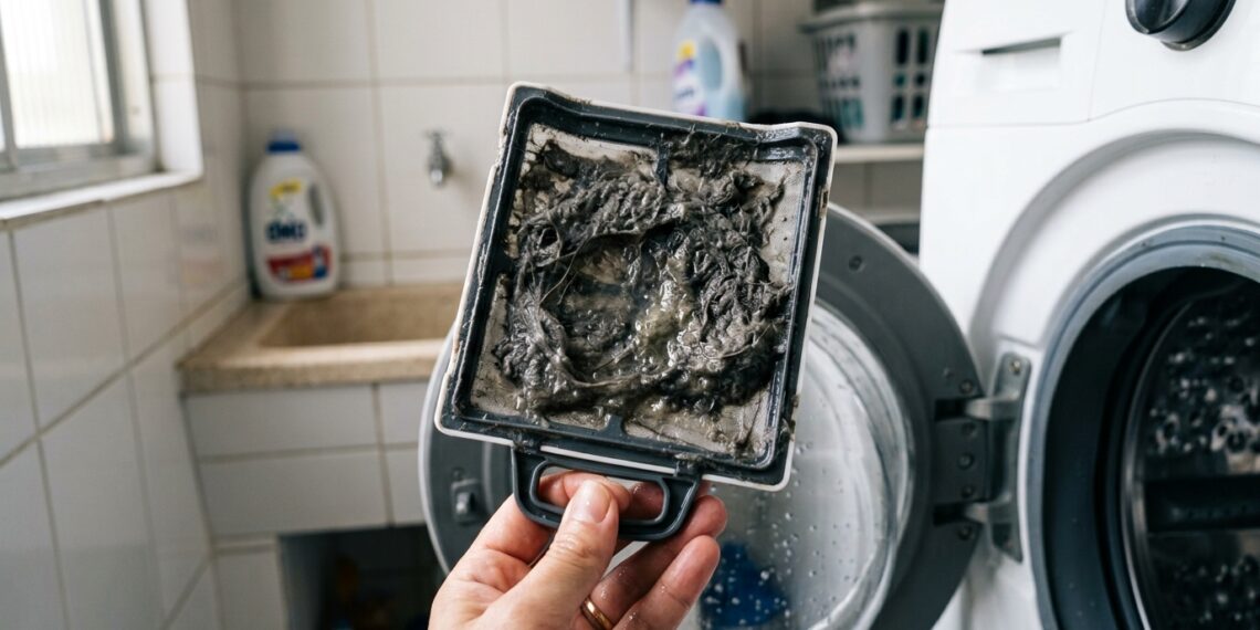 O filtro da máquina de lavar acumula algo que muita gente só descobre quando abre a peça pela primeira vez