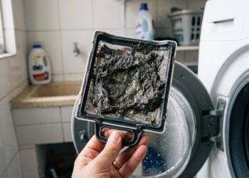 O filtro da máquina de lavar acumula algo que muita gente só descobre quando abre a peça pela primeira vez