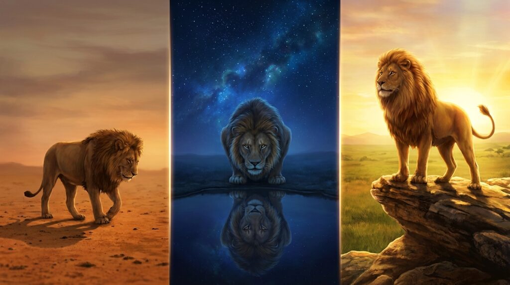 Painel em três etapas mostrando o exílio do leão no deserto, a autorreflexão na água e o topo do penhasco ao amanhecer