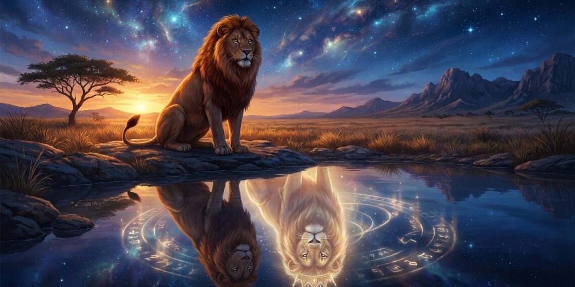 : Ilustração de um leão jovem observando seu reflexo dourado em uma lagoa calma sob o céu estrelado da savana