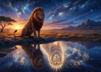 : Ilustração de um leão jovem observando seu reflexo dourado em uma lagoa calma sob o céu estrelado da savana