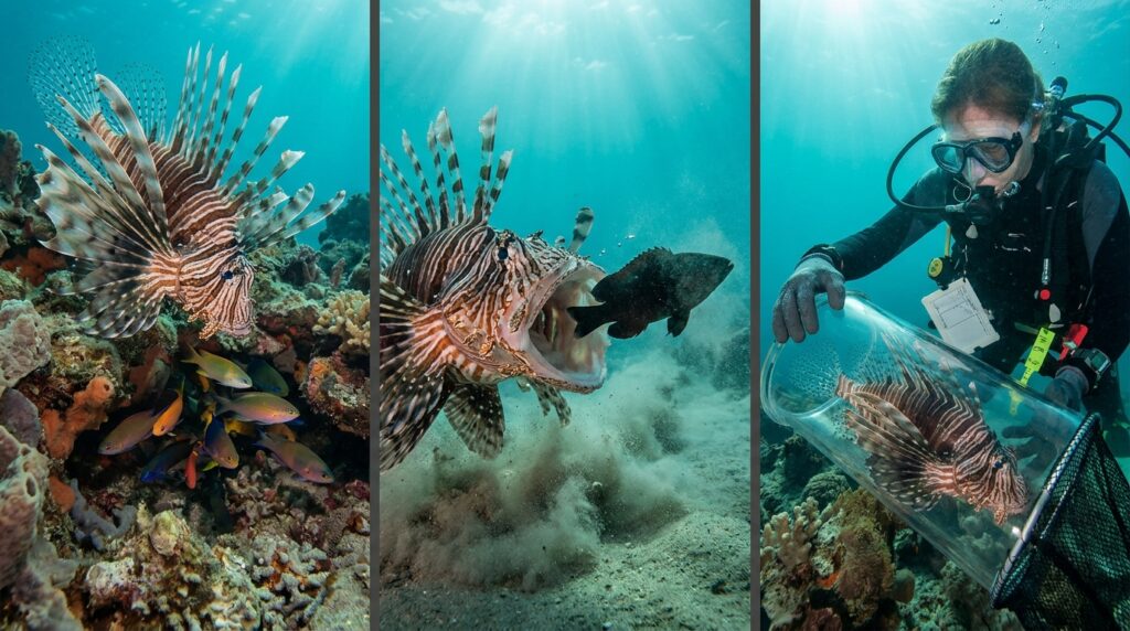 Sequência em três painéis mostrando o peixe-leão cercando a presa, projetando a mandíbula por sucção e sendo capturado por mergulhador