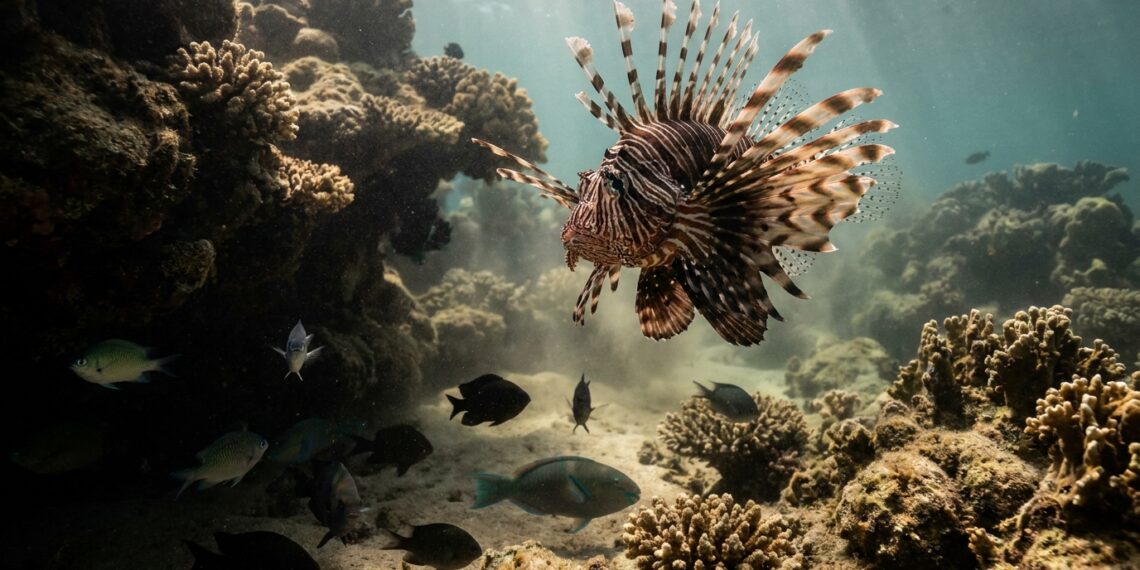 Peixe-leão adulto com nadadeiras abertas e espinhos eriçados nadando sobre recife de corais no litoral da Bahia