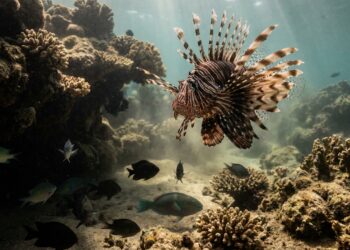 Peixe-leão adulto com nadadeiras abertas e espinhos eriçados nadando sobre recife de corais no litoral da Bahia
