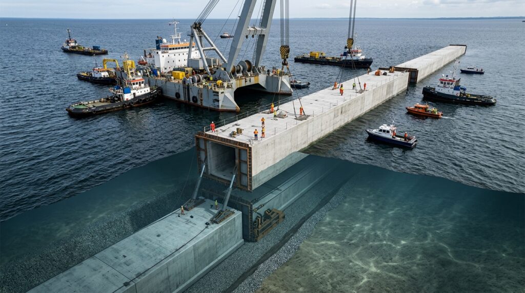 Elemento de túnel fechado nas extremidades flutua enquanto rebocadores o transportam pelo mar.