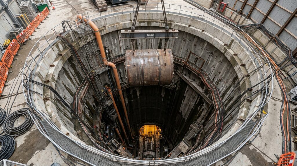 Corte subterrâneo mostra poço, galeria de montagem e tuneladora abaixo de Londres.