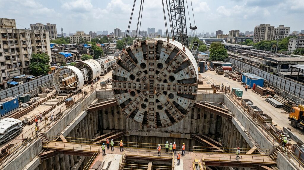 Cabeça de corte gigante é baixada para montagem de tuneladora perto de Mumbai.