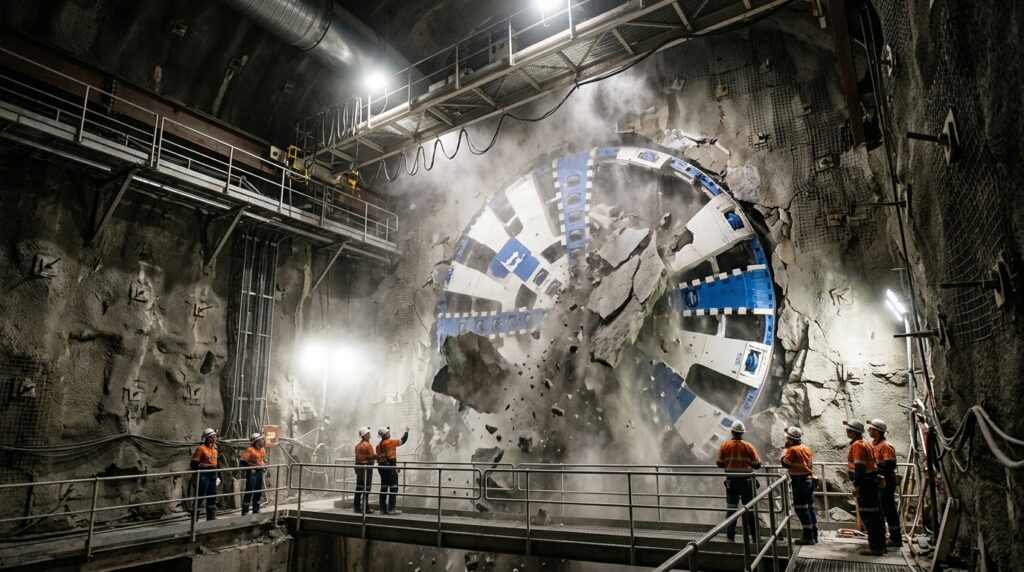 Tuneladora de grande porte trabalha dentro de um túnel nas Snowy Mountains.