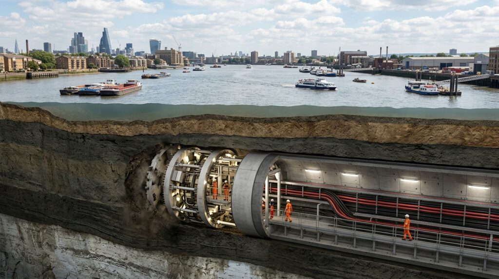 Cabos de alta tensão instalados dentro de um túnel revestido de concreto.