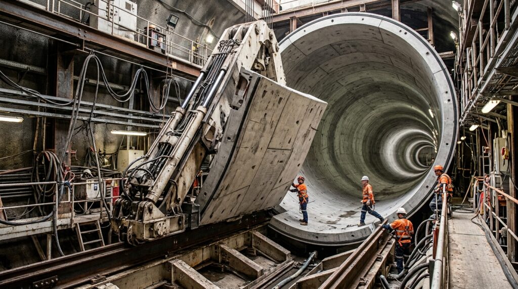 Sistema da tuneladora instala segmentos de concreto no túnel atrás da escavação.