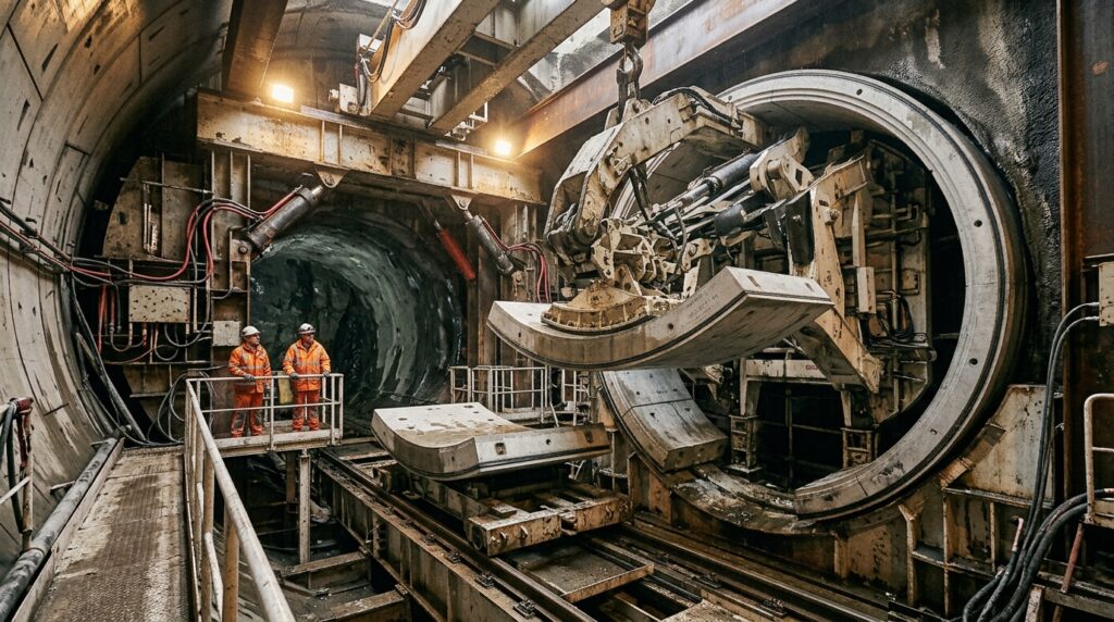Braço mecânico posiciona um segmento pré-moldado de concreto dentro de uma tuneladora.