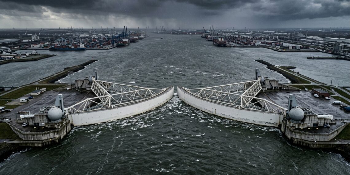 Barreiras da Maeslantkering giram sobre o canal para fechar a passagem durante uma tempestade.