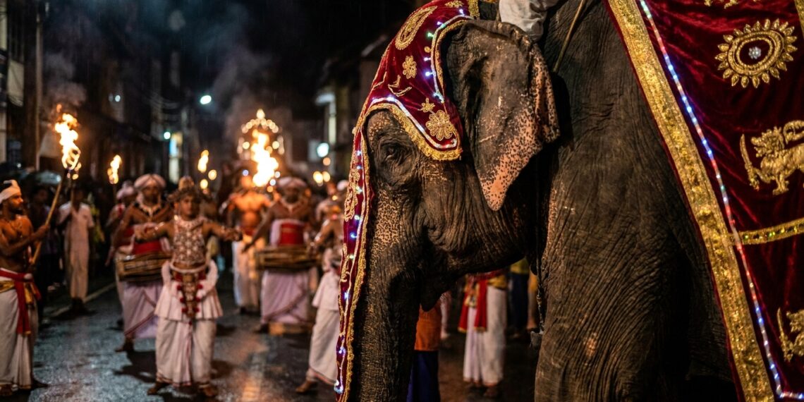 Elefanta idosa vestida com túnica cerimonial decorada com luzes e bordados durante procissão noturna em rua do Sri Lanka
