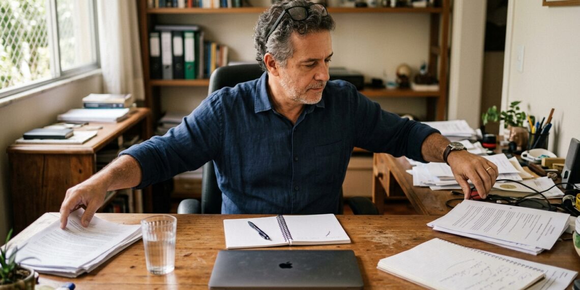 Homem retira objetos da mesa antes de iniciar o trabalho.