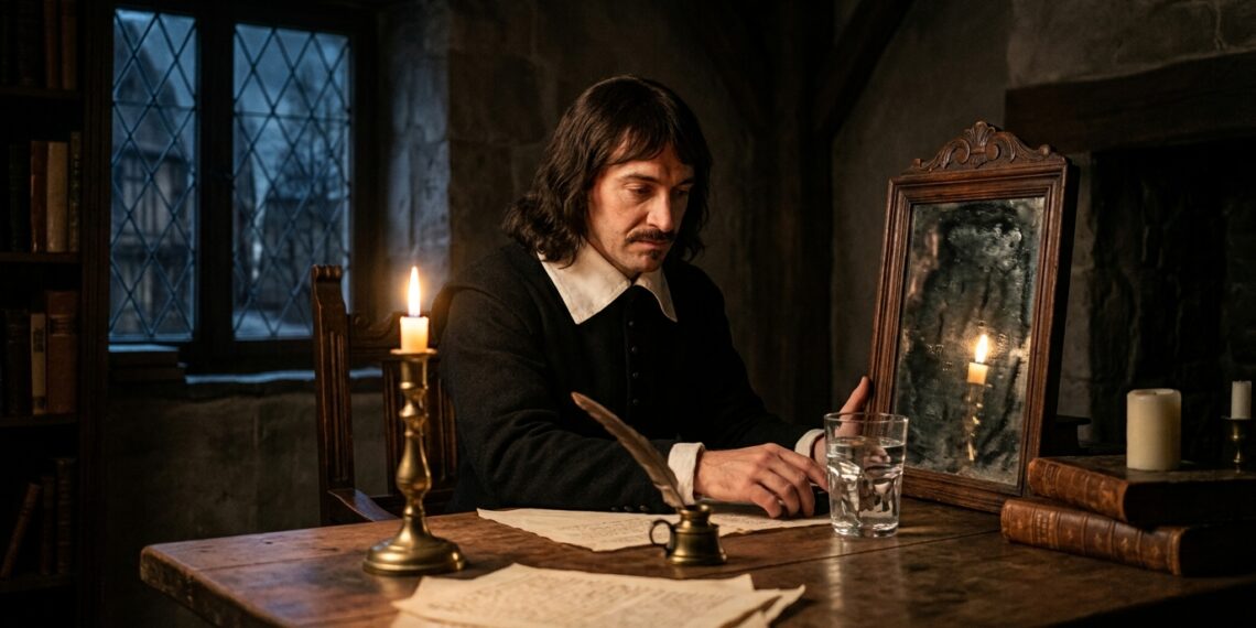 René Descartes permanece em reflexão enquanto tudo ao redor é visualmente colocado sob incerteza.