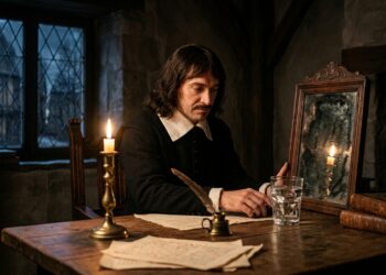 René Descartes permanece em reflexão enquanto tudo ao redor é visualmente colocado sob incerteza.