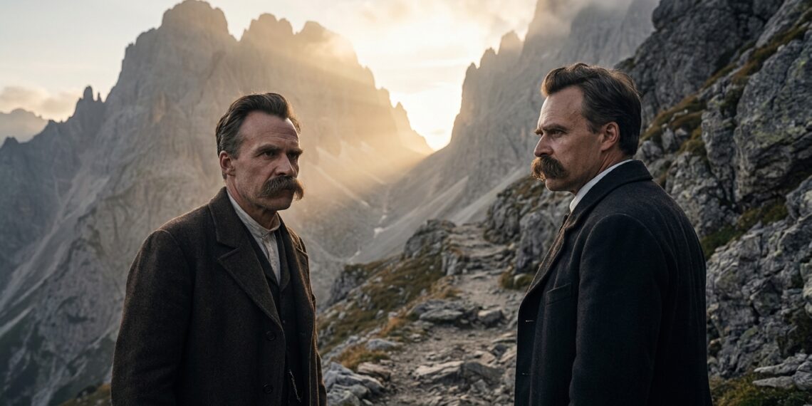 Friedrich Nietzsche observa um longo caminho entre montanhas.