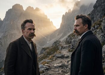 Friedrich Nietzsche observa um longo caminho entre montanhas.