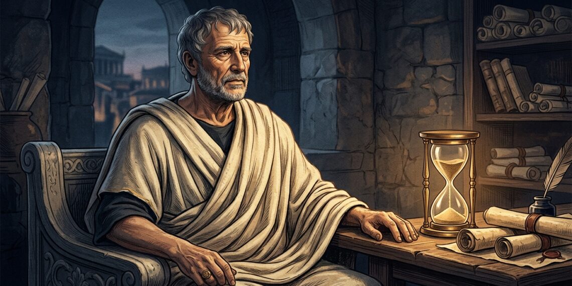 Ilustração editorial em estilo clássico do filósofo Sêneca com expressão contemplativa ao lado de uma ampulheta e pergaminhos