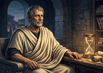 Ilustração editorial em estilo clássico do filósofo Sêneca com expressão contemplativa ao lado de uma ampulheta e pergaminhos