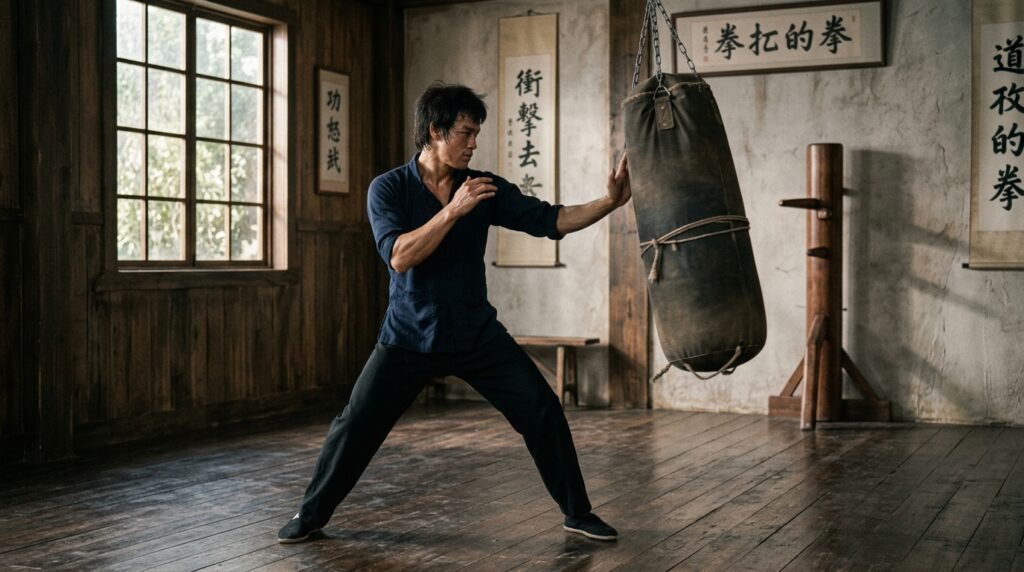 Bruce Lee executa um movimento fluido durante treinamento de artes marciais.