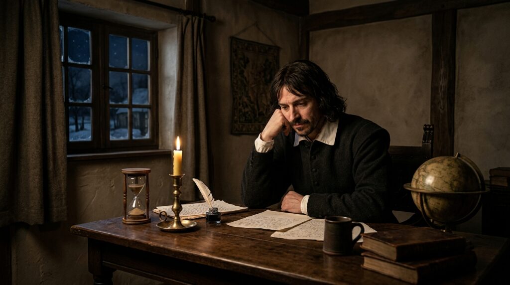 Representação de René Descartes refletindo sozinho enquanto submete suas certezas à dúvida.