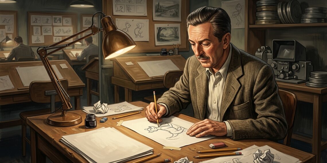Walt Disney trabalha em uma prancheta em representação da passagem da intenção para a ação.