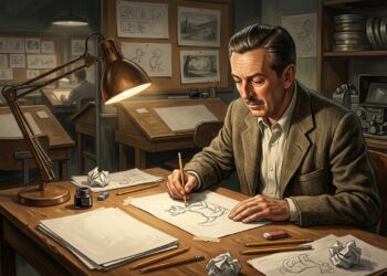 Walt Disney trabalha em uma prancheta em representação da passagem da intenção para a ação.