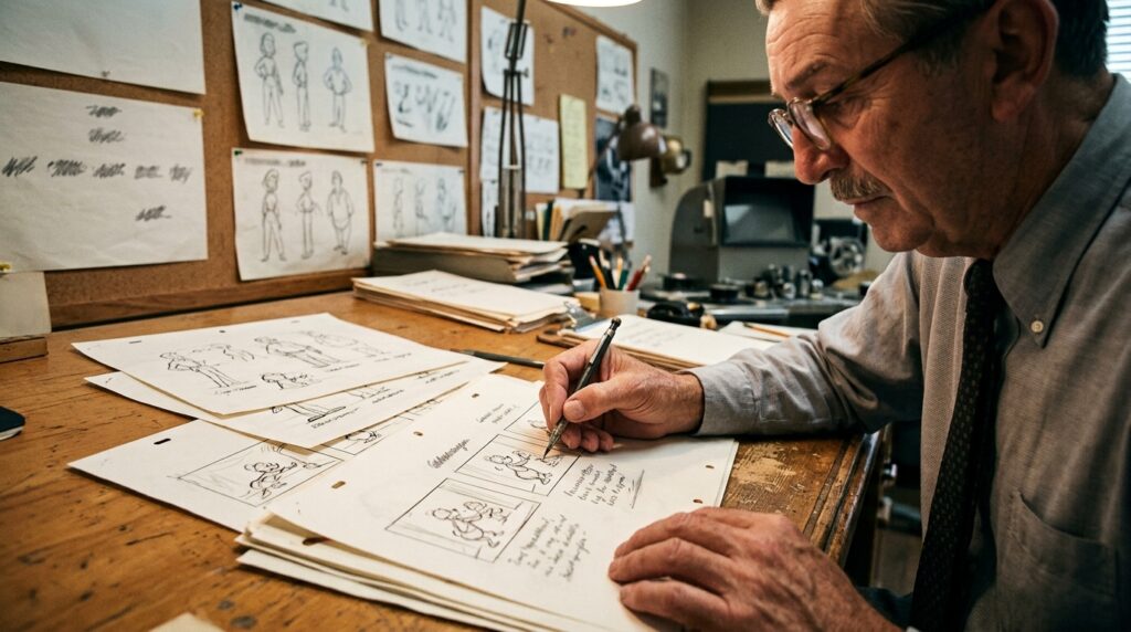 Walt Disney desenha em uma prancheta cercado por rascunhos e materiais de trabalho.