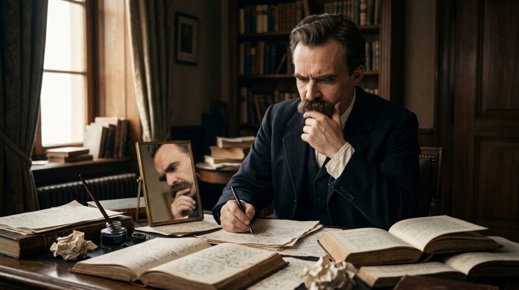 Nietzsche observa diferentes pessoas examinando o mesmo objeto a partir de perspectivas distintas.