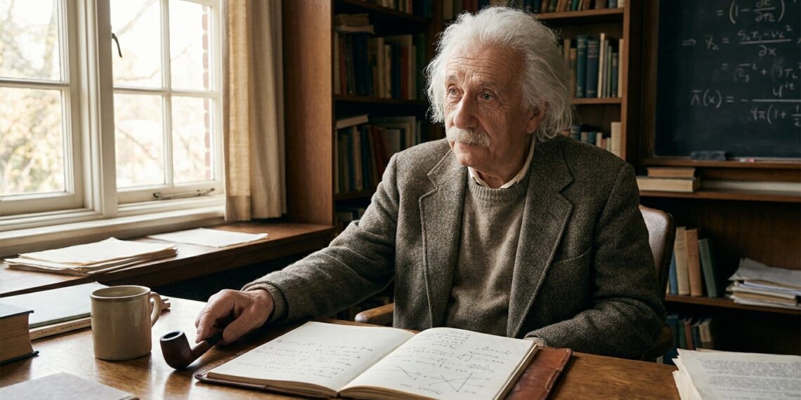 Albert Einstein observa pela janela enquanto reflete diante de livros e equações.