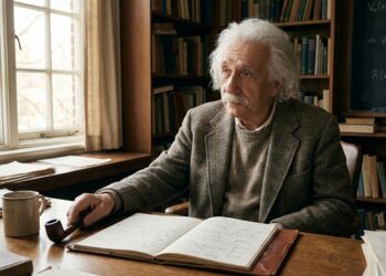 Albert Einstein observa pela janela enquanto reflete diante de livros e equações.