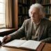 Albert Einstein observa pela janela enquanto reflete diante de livros e equações.