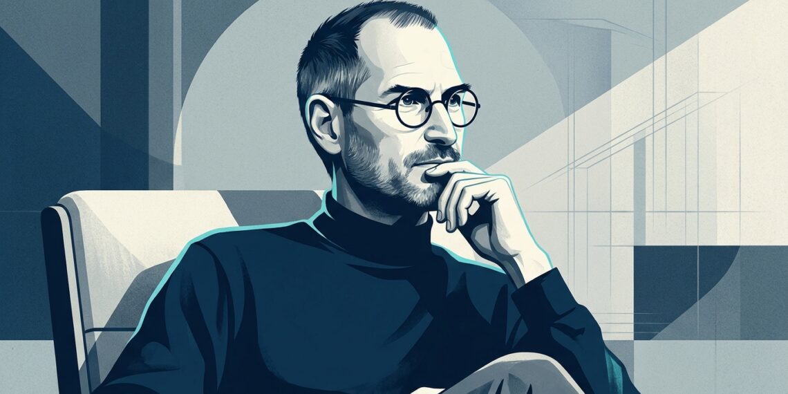 Ilustração editorial de Steve Jobs em pose reflexiva com traços minimalistas em tons de azul-marinho e grafite.