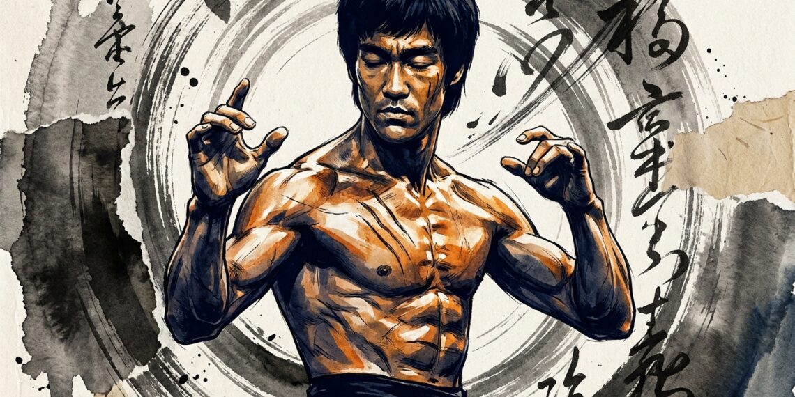 Ilustração artística em estilo tinta e pintura digital de Bruce Lee em postura de guarda concentrada sobre fundo escuro.
