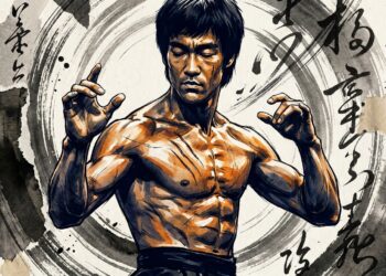 Ilustração artística em estilo tinta e pintura digital de Bruce Lee em postura de guarda concentrada sobre fundo escuro.