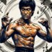 Ilustração artística em estilo tinta e pintura digital de Bruce Lee em postura de guarda concentrada sobre fundo escuro.