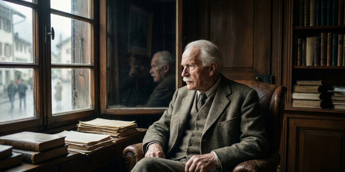Representação de Carl Jung diante de uma janela em uma cena que simboliza introspecção e autoconhecimento.