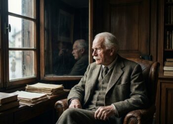 Representação de Carl Jung diante de uma janela em uma cena que simboliza introspecção e autoconhecimento.