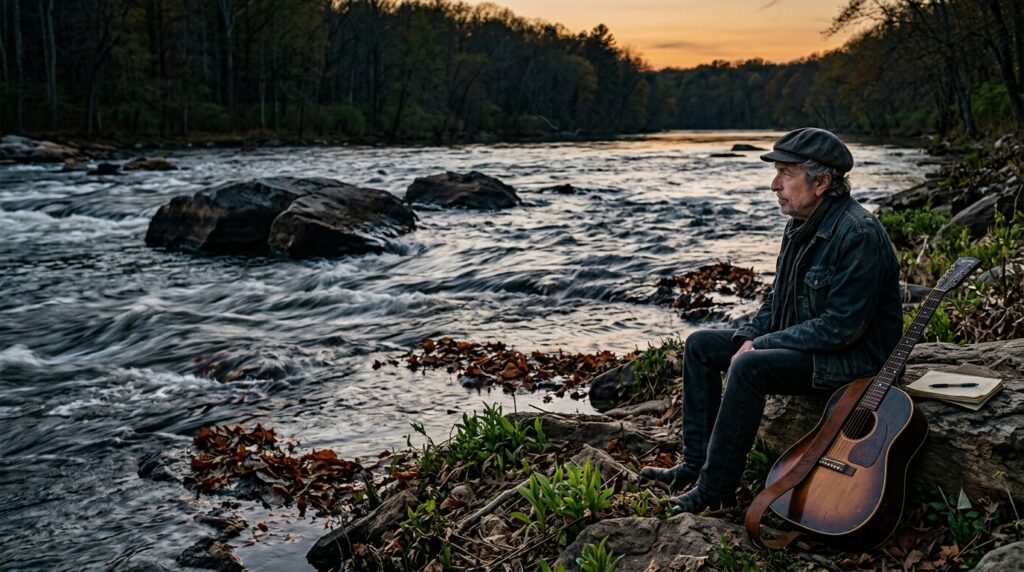 Bob Dylan permanece parado enquanto pessoas e a cidade continuam em movimento ao seu redor.