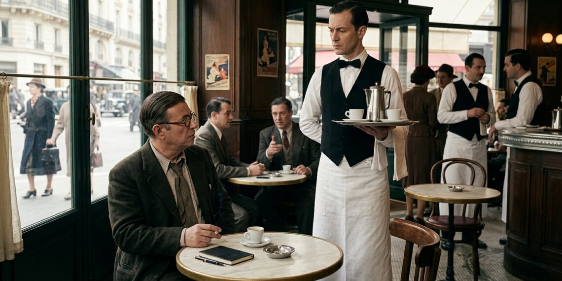 Representação de Jean-Paul Sartre observando um garçom desempenhar rigidamente seu papel em um café parisiense.