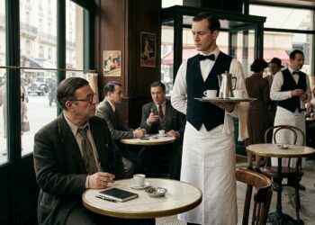 Representação de Jean-Paul Sartre observando um garçom desempenhar rigidamente seu papel em um café parisiense.