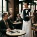 Representação de Jean-Paul Sartre observando um garçom desempenhar rigidamente seu papel em um café parisiense.