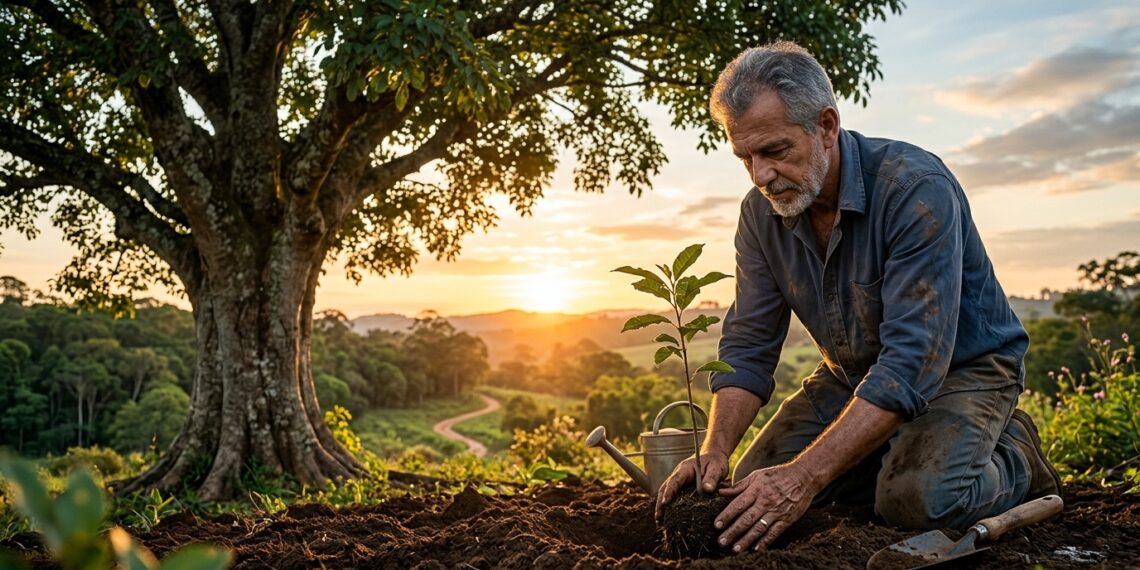 Homem maduro planta uma muda ao lado de uma árvore adulta como representação de um recomeço tardio.